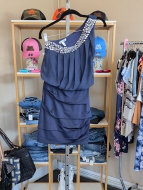 Speechless Navy One-Shoulder Dress with Crystal Trim